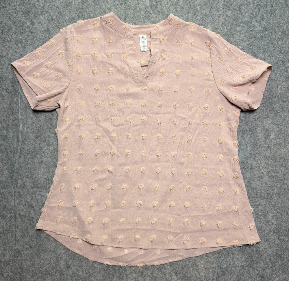 B Mauve Pink Swiss Dot Puff Sleeve Split V Neck Blouse Top Womens XL Casual